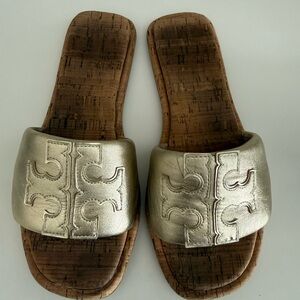 Tory Burch Metallic Logo Slide Sandals - Champagne Gold